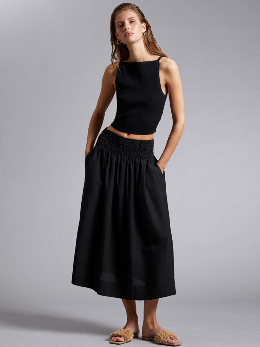 & Other Stories Black Smocked Waist Midi Skirt Linen Blend Size XS NWT